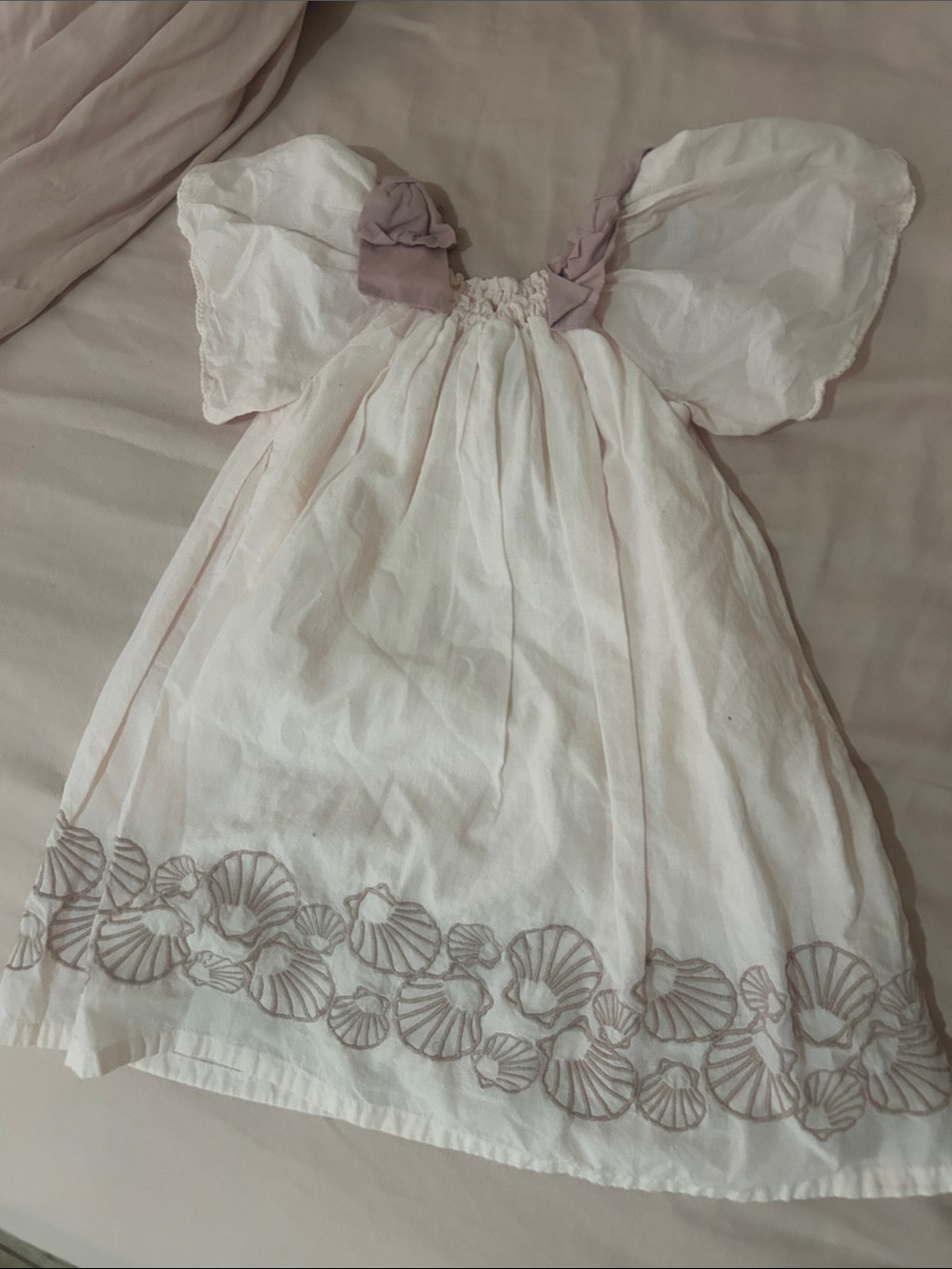 Girls White Linen-Blend Dress with Shell Embroidery and Mauve Accents